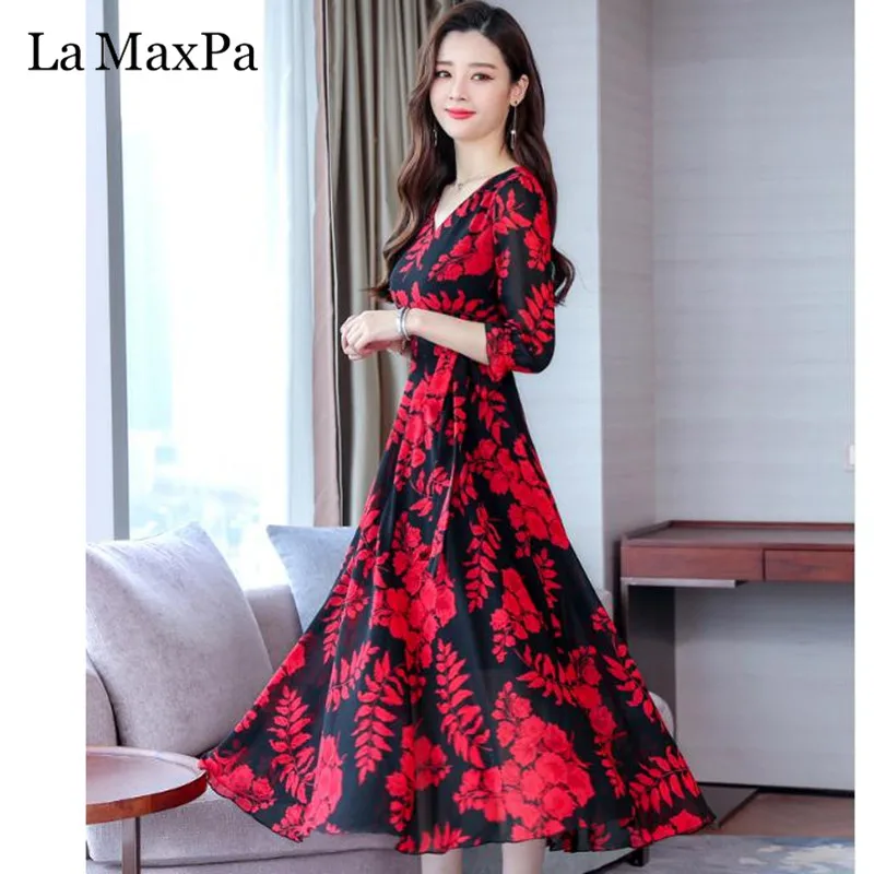 High Quality Plus Size Fashion Autumn New Arrival Collect Waist 3/4 Sleeve FeatherPrinting Woman Long V Neck Chiffon Dress