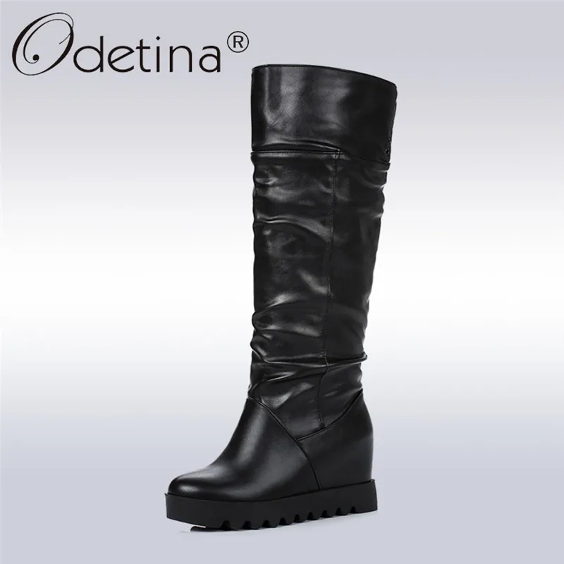 Odetina/2017 г. новые модные женские ботинки на танкетке зимние сапоги до колена