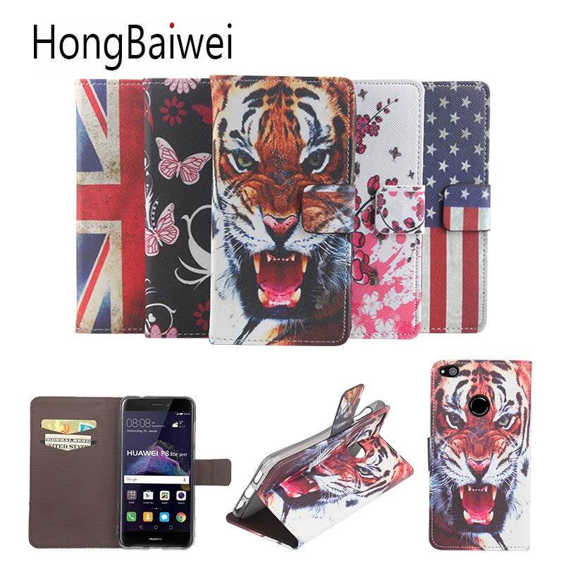 Кожаный чехол книжка с объемным цветком для Huawei P8 Lite 2017 тигром держатель Honor 4C 4X 8