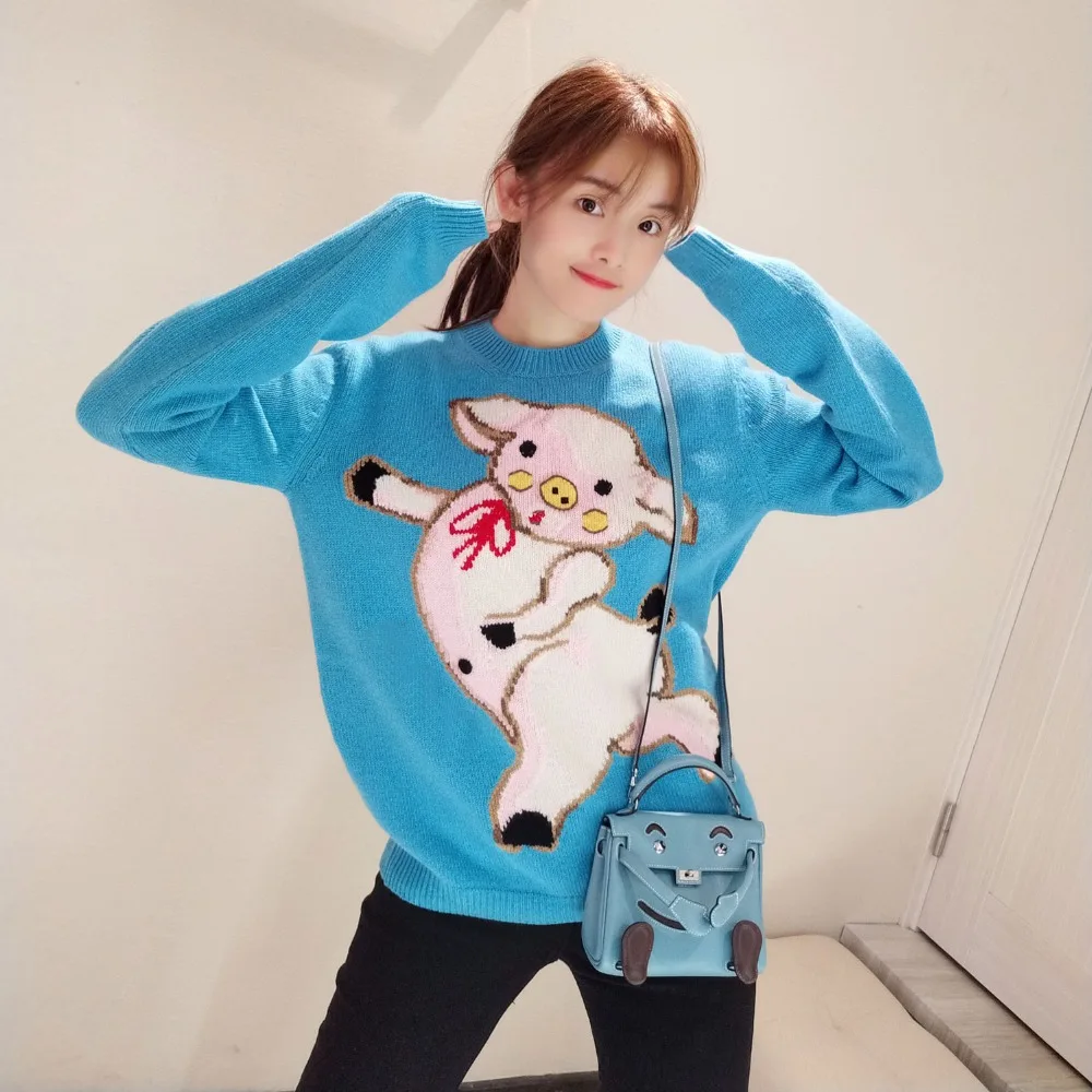Cute Pig Cartoon Jacquard Knitted WOmen Sweater 2019 Brand Designer Long Sleeve Round Neck Knit Top Female Causal Loose Pullover | Женская