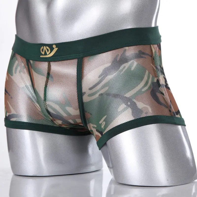Для мужчин камуфляж Sheer Mesh Сексуальное нижнее белье боксеры низкой талией дуга