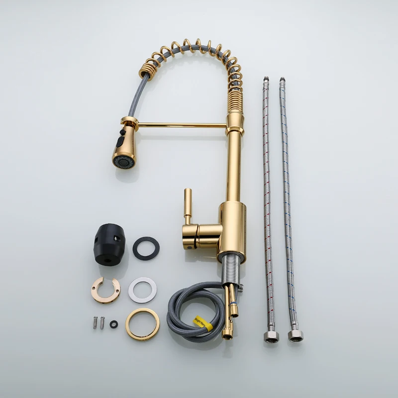 OLMEY Luxury Golden Spring Kitchen Faucets with Dual Functions Pull Down Spray Head Single Lever Sink Taps Mixer 11010-C1 | Обустройство