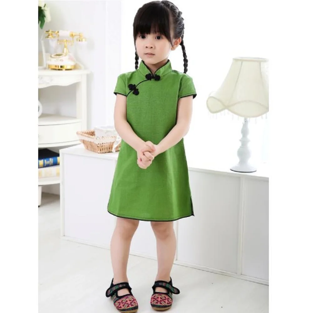 Hooyi Solid Baby Girls Dress Chinese New Year Traditional Qipao Children Chi-pao Kids Cheongsam Linen Girl's Clothes Summer Tops | Детская