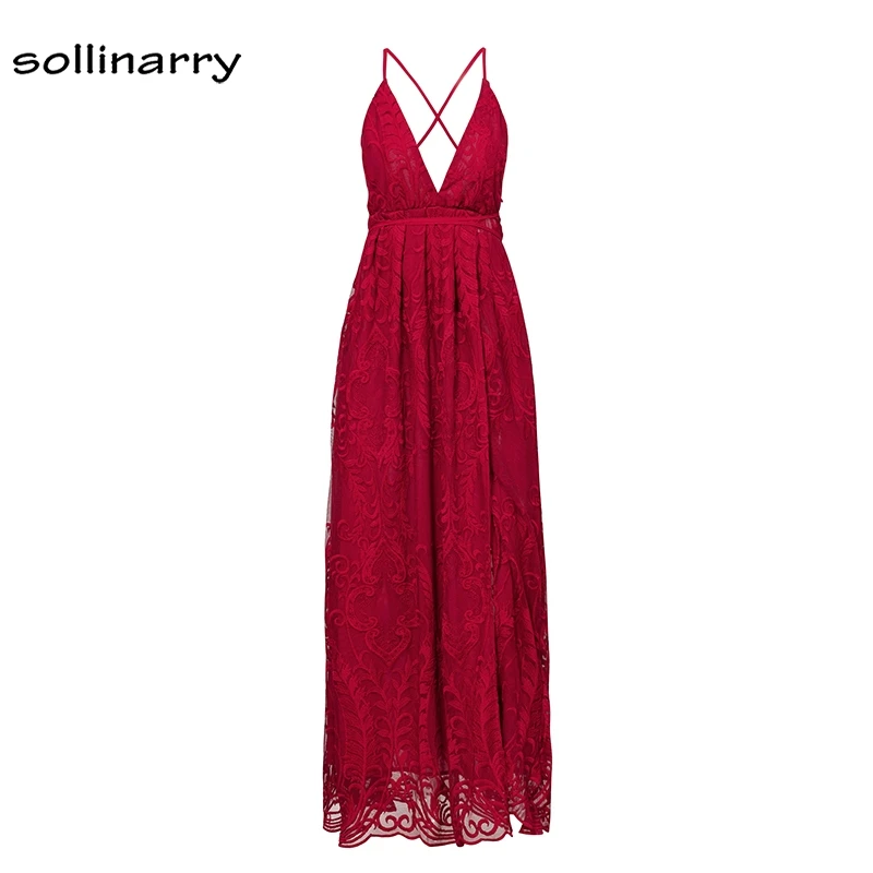 Sollinarry сетки Femme Платье макси с открытой спиной Кружева Красный пикантные