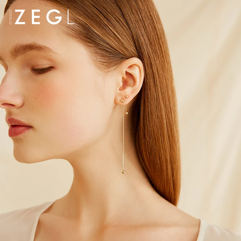 Женские серьги колечки ZEGL925 Длинные Двойные с двумя ушками ювелирные