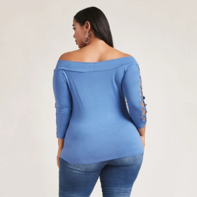 

Blue Slash Neck T Shirt Women Plus Size 7XL 6XL 5XL 2017 Autumn Three Quarter Sleeve Hollow Out Cross Belt Female T-Shirts 4XL