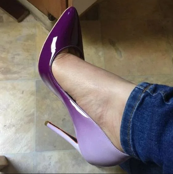 

Gradient Color Patchwork Patent Leather High Heel Pumps 12CM Thin Heel Dress Shoes Office Ladies Wedding Shoes Bride Plus Size