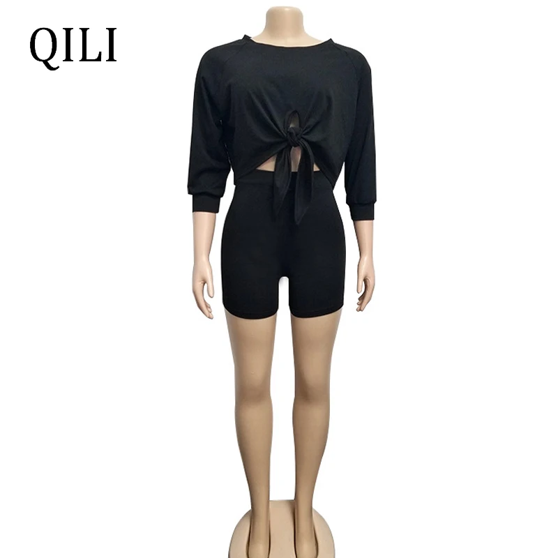 QILI Women Long Sleeve Set Summer Clothes Rompers Black Yellow Gray Crop Top+Shorts Bandage Biker Outfits For Womens | Женская одежда