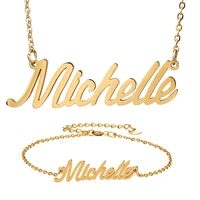 fashion stainless steel name necklace bracelet set michelle script letter gold choker chain necklace pendant nameplate gift