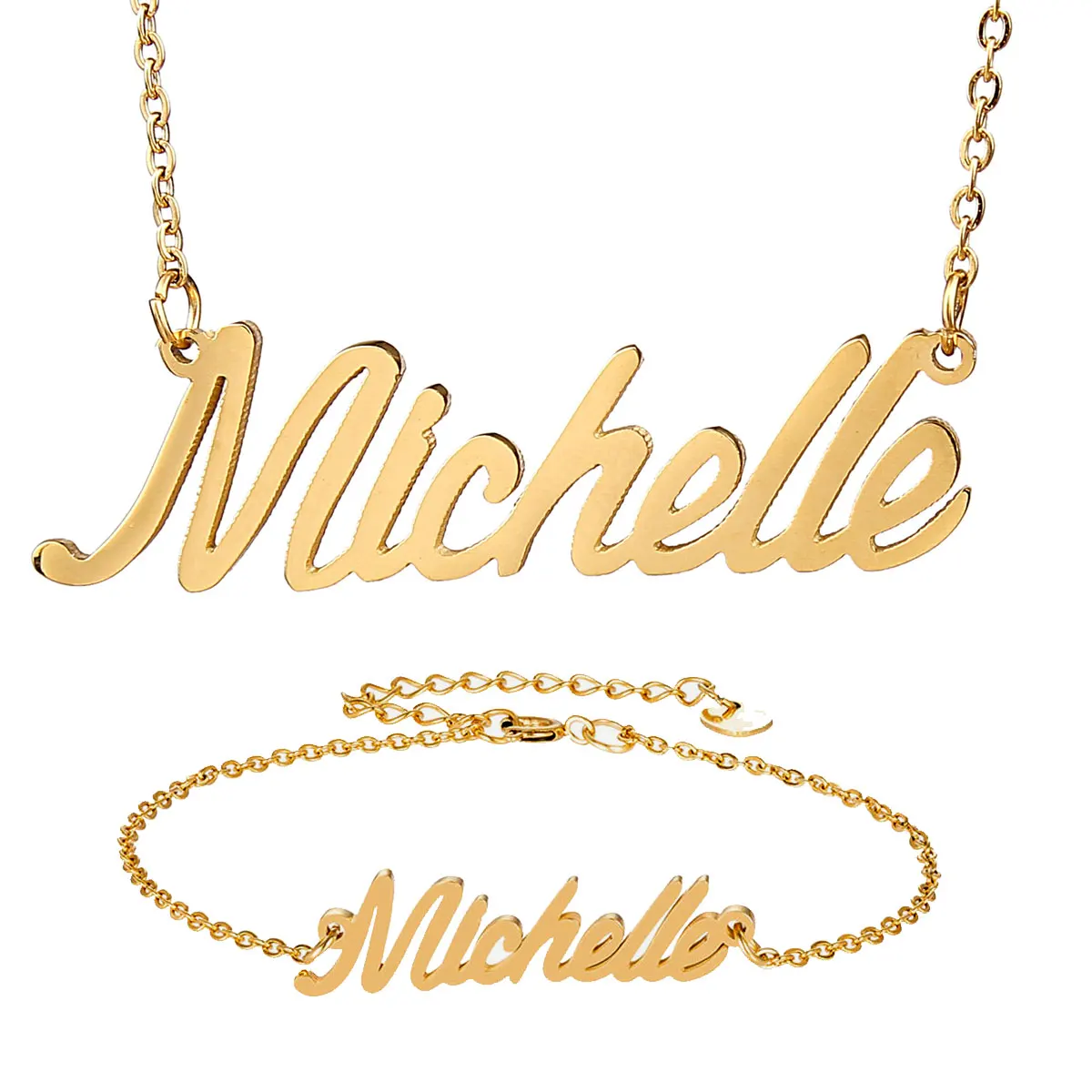 Модное ожерелье из нержавеющей стали браслет набор &quotMichelle&quot надпись золото