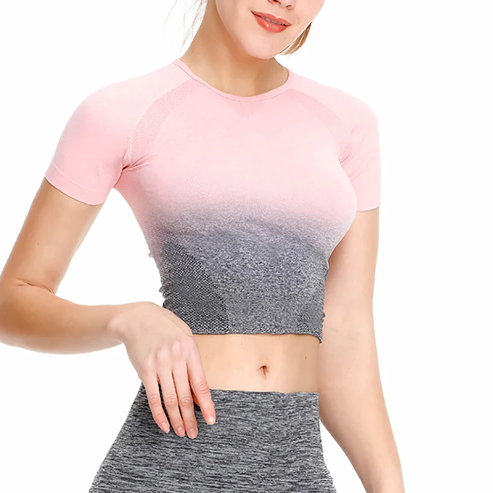 Бесшовная Летняя женская футболка с высоким эластичным круглым вырезом короткий