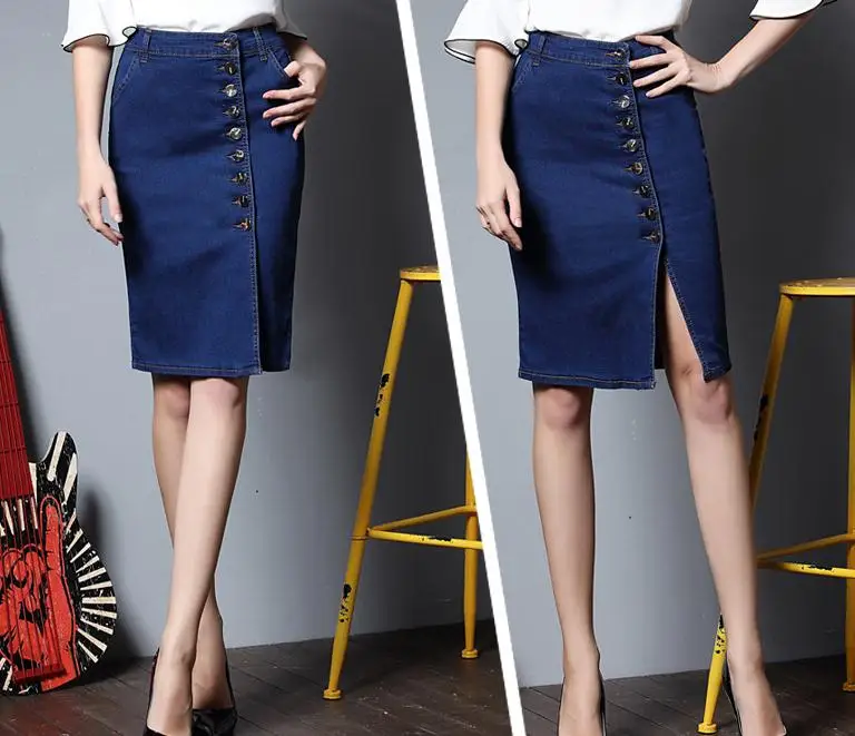 Женская джинсовая юбка Стеганая до середины икры большого размера 2018|denim skirt|hip