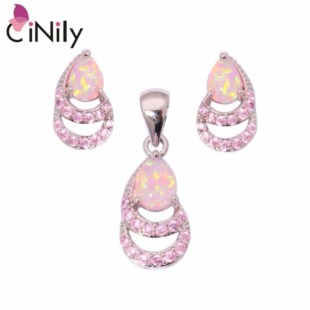 Женский комплект украшений CiNily сережки-гвоздики с розовым огненным опалом и