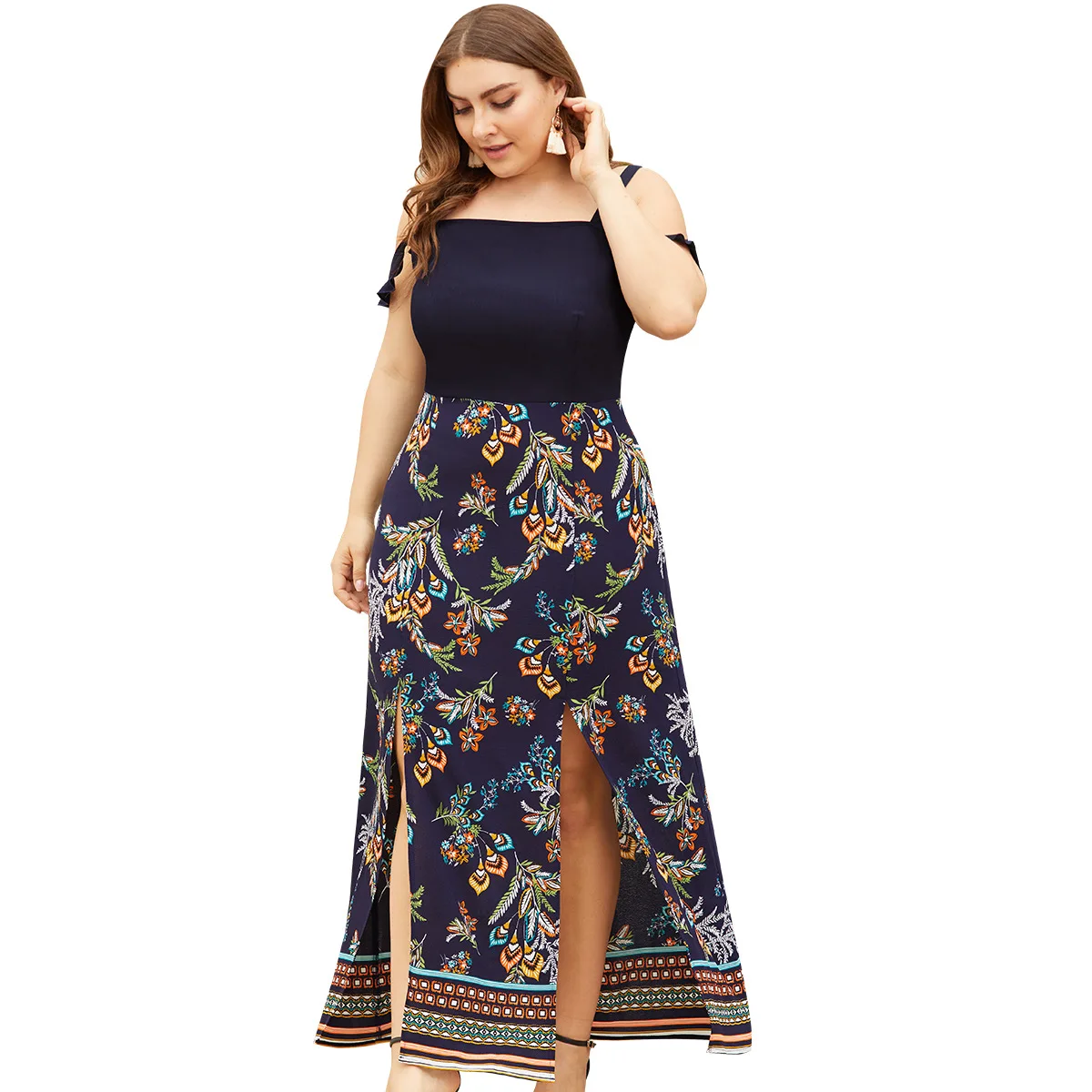

Women Sexy Vestidos Fashion Print Stitching 2019 Summer Ladies Split Dresses Strapless Sleeveless Navy Female Plus Dress 4XL 3XL