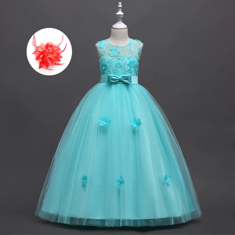 mint green Детские вечерние платья для девочек с цветочной аппликацией; цвет красный, бордовый, мятный, зеленый, синий; детские длинные вечерние платья для свадьбы; онлайн - Цвет: mint green