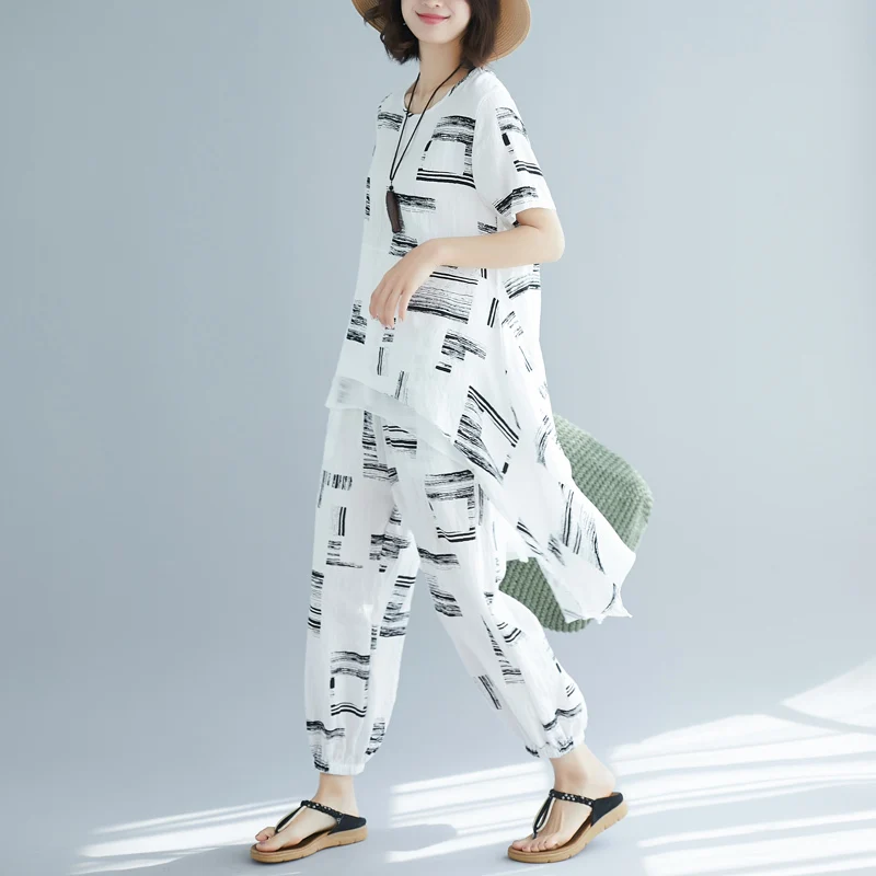 #0820 Black White Long Tees And Harem Pants Cotton Linen Printed Suits Ladies Casual Two Piece Set Trousers Top Asymmetrical |