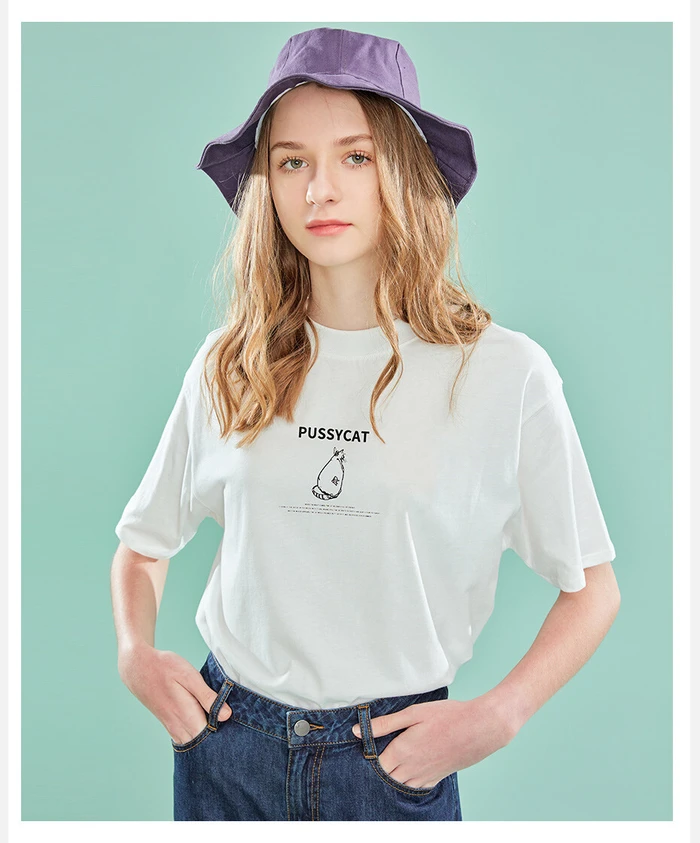 Джордано футболка унисекс Pussycat футболка с изображением стильный печатных акварель Camisetas Повседневное короткий рукав пара Костюмы