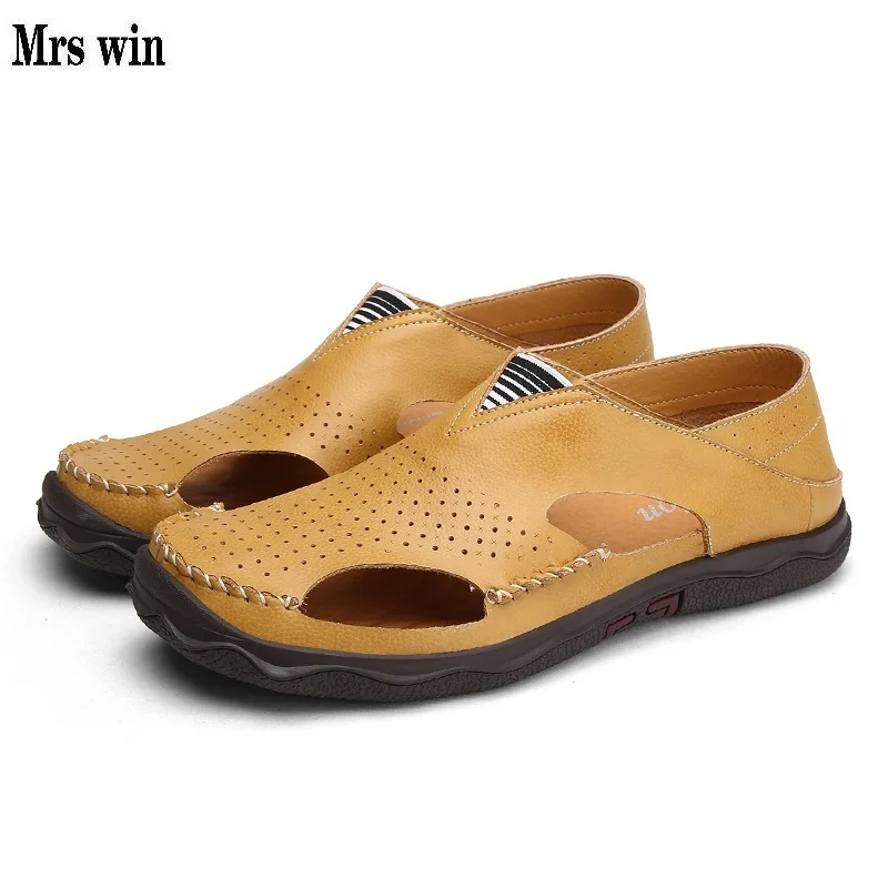 Мужчины Мода Лето Квартиры Неподдельной Кожи Пляжные Тапочки Выдалбливают