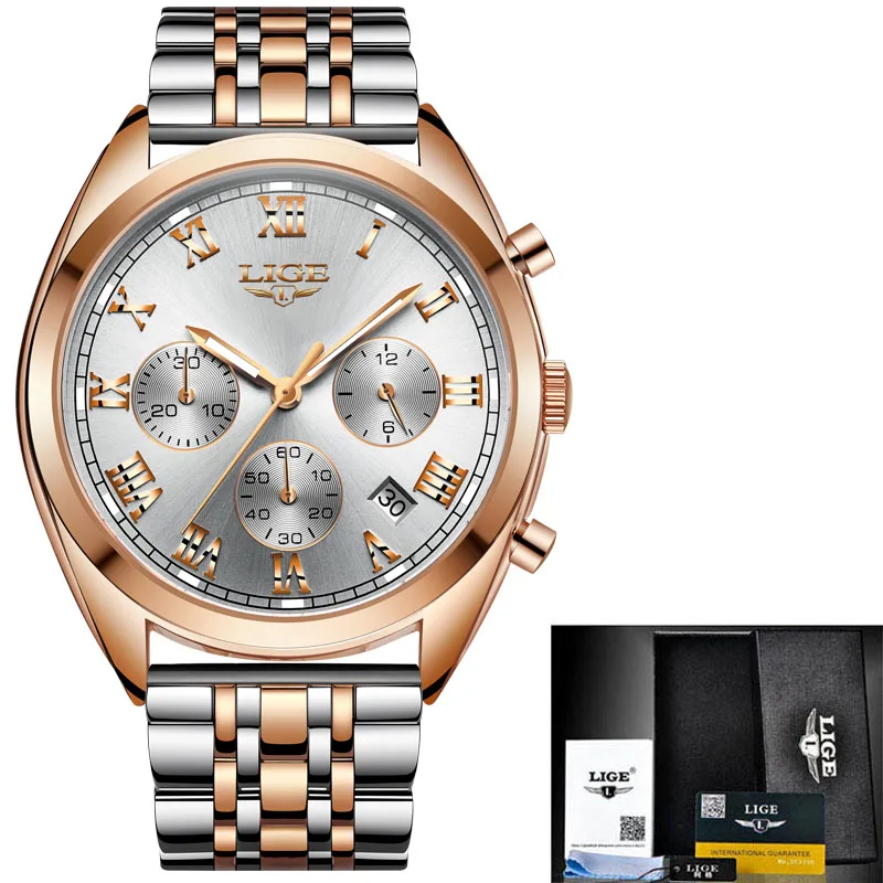 Gold white S LIGE для мужчин s часы лучший бренд класса люкс Хронограф Мужские часы кожа водонепроницаемый спортивные часы мужские военные часы Relogio Masculino - Цвет: Gold white S