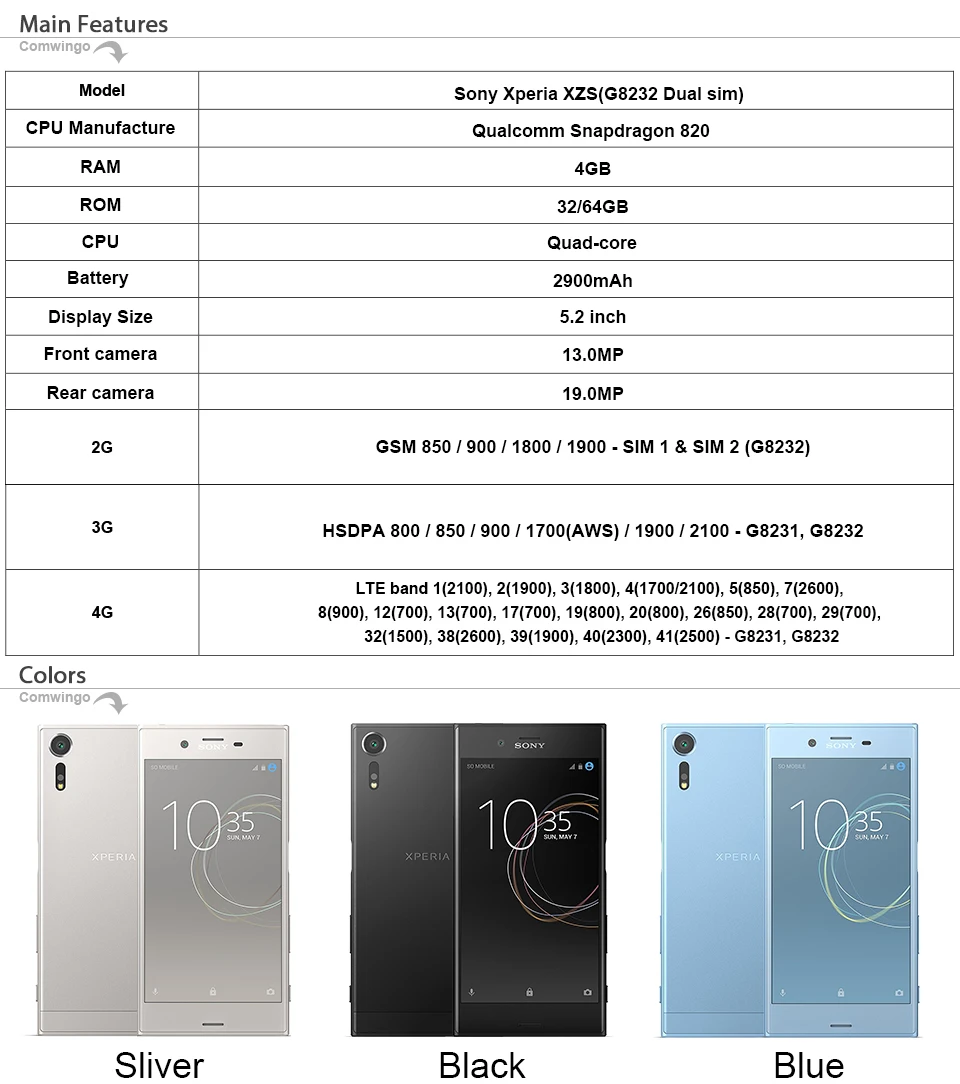 sony Xperia XZs G8232 Dual SIM 4 ГБ ОЗУ 64 Гб ПЗУ 19MP Snapdragon 820 LTE 5," мобильный телефон 2900 мАч мобильный телефон