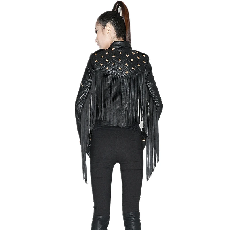 Женская короткая мотоциклетная куртка из ПУ кожи с длинными кисточками и