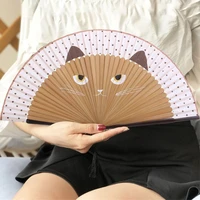 silk cloth summer cute cat chinese fans silk bamboo hand painted cartoon cat folding fan party decoration