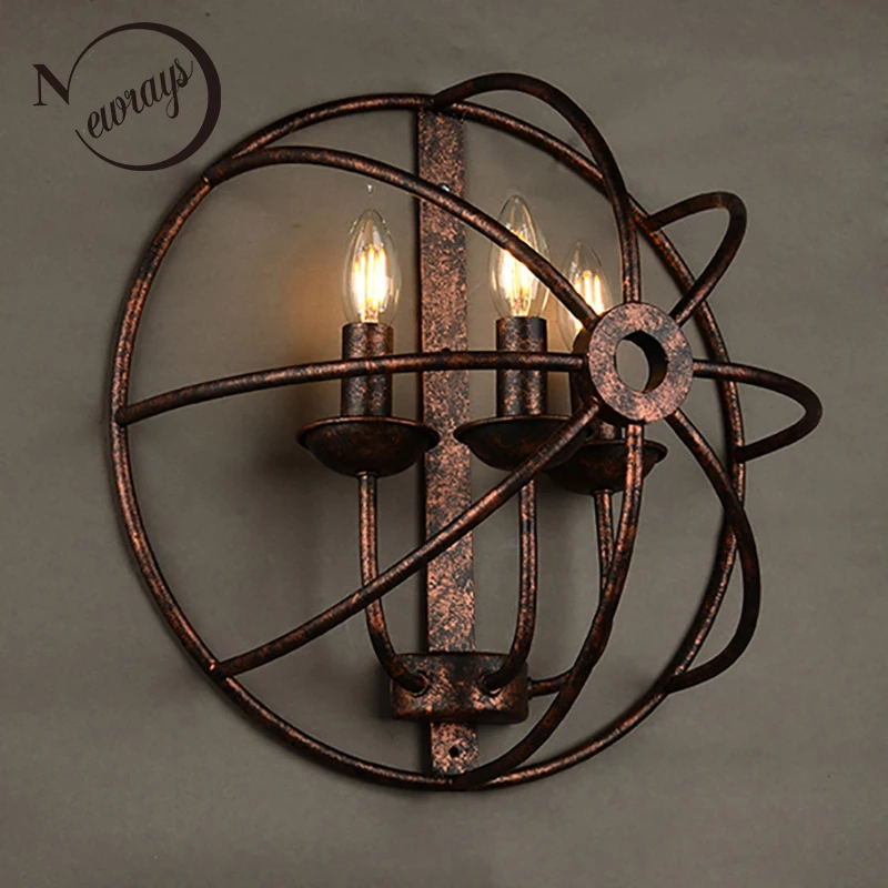 

Loft Industrial round style black iron rust retro 3 lights wall lamps E14 LED wall lights sconce for living room bedroom bar