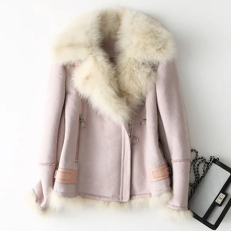 Pink Purple AYUNSUE роскошный большой натуральный Лисий мех воротник замша кожаная куртка модное короткое теплое зимнее пальто для женщин chaqueta mujer WYQ1543 - Цвет: Pink Purple