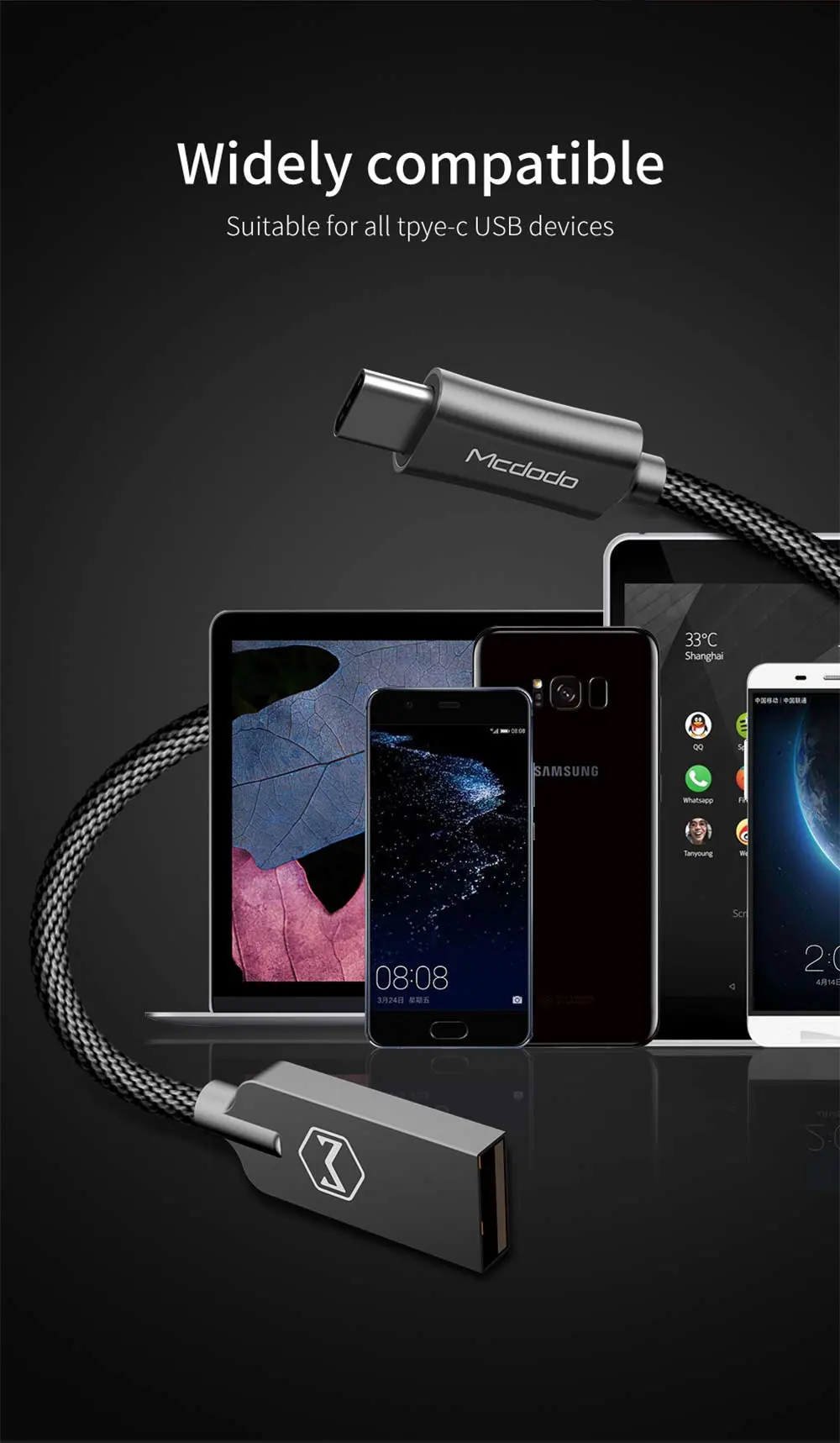 Mcdodo usb type-C кабель 2A для Oneplus huawei mate 20 Pro USB кабель QC 3,0 Быстрая зарядка USB-C кабель для передачи данных для samsung S9 S8 Plus