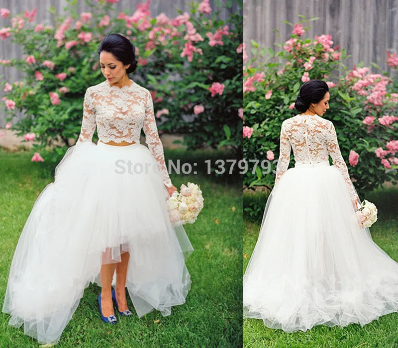 White elegant simple lace long sleeves 2 piece wedding gown bridal tulle short front back two pieces dress | Свадьбы и торжества