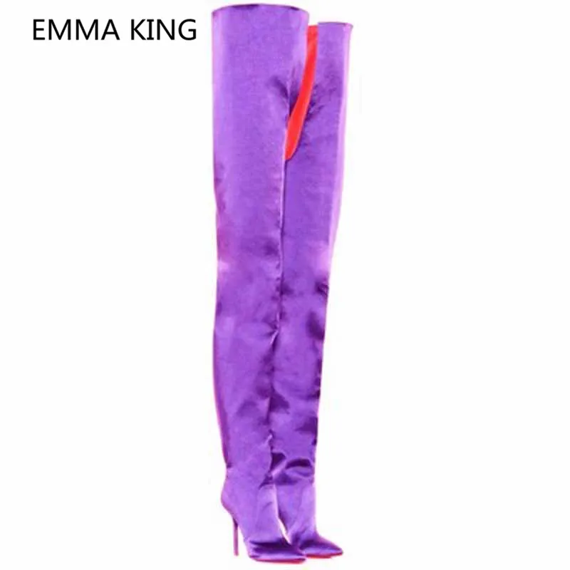 Luxury Silk Satin Women Over The Knee Crotch Boots Pointed Toe Sexy 12cm Stiletto High Heels Ladies Winter Shoes Cowboy Boots