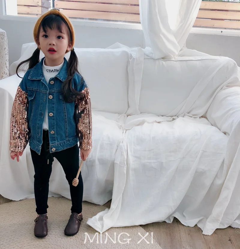 Children's clothes 2018 Autumn New Girls Jacket Denim Sequins Sleeve Short coat | Детская одежда и обувь
