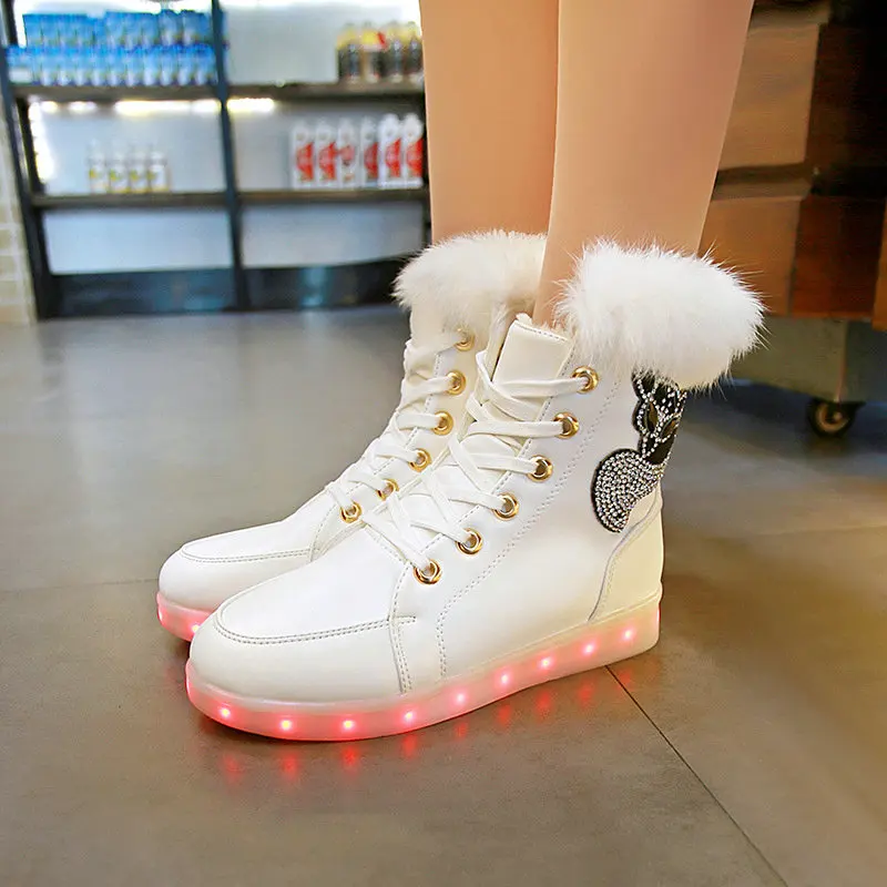 

JINGKUBU Luminous Women Sneakers Women Snow boots Fur Winter LED Light Ankle Boots High Top USB Charge Casual Shoes Woman Size41