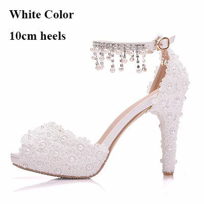 White 10cm Heels Босоножки на высоком каблуке с открытым носком, милые белые кружевные свадебные туфли с пряжкой на ремешке, каблук 10 см, обувь для дня рождения - Цвет: White 10cm Heels
