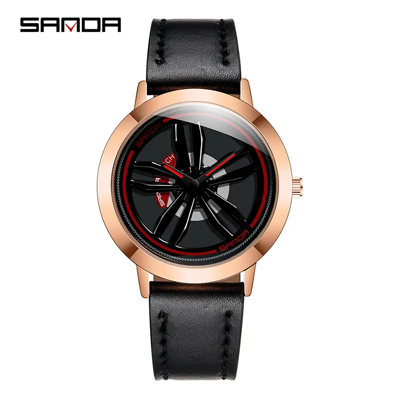 rose gold Мужские Женские часы Sanda, кварцевые наручные часы с вращающимся циферблатом, часы от ведущего бренда, роскошные часы Reloj Hombres, кожаные Наручные часы - Цвет: rose gold