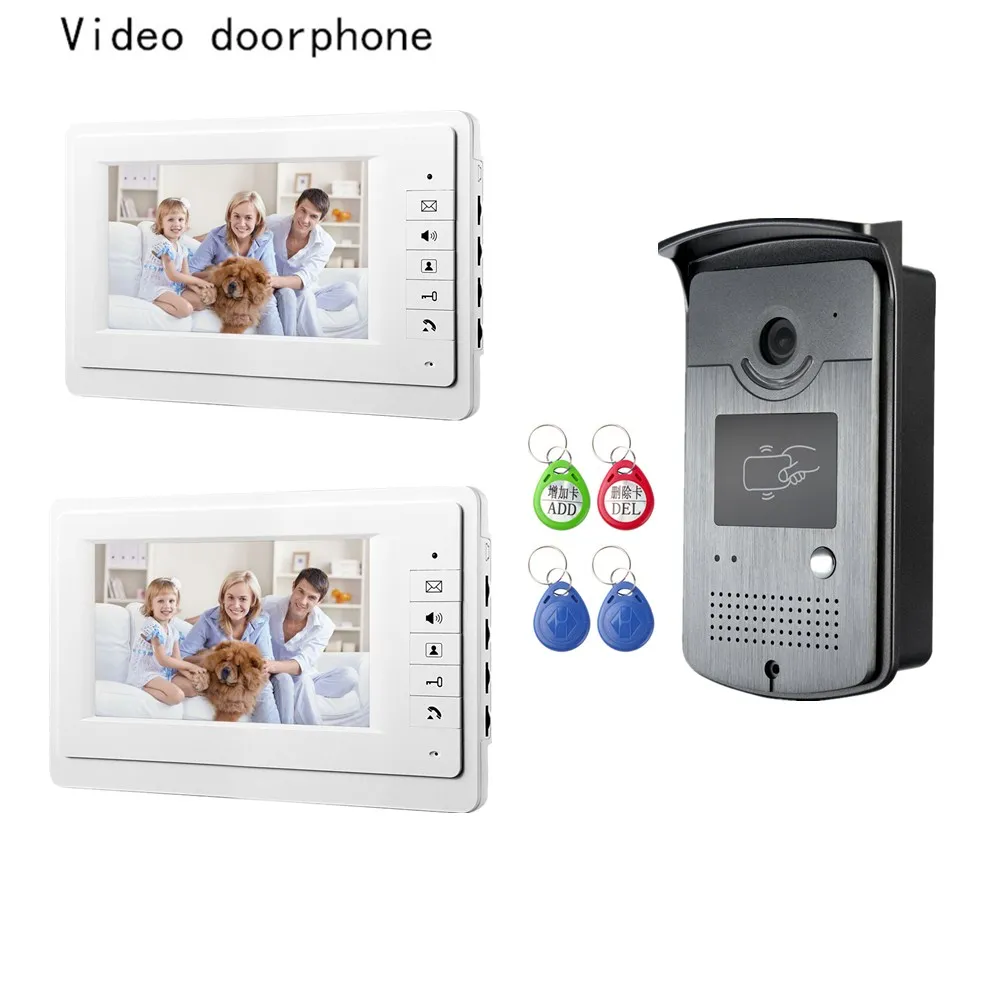 

7 Inch Video Doorbell TFT-LCD hd screen Wired Video Doorphone for villa two monitor with one metal outdoor unit RFID unlock door