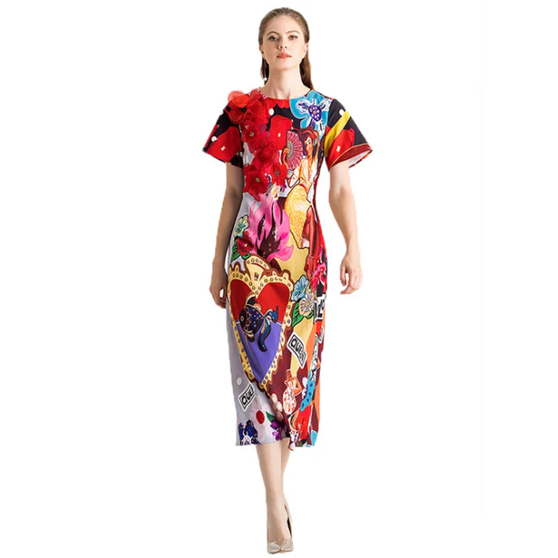 

2019 New Spring Ummer Red Women's Dress Flower Print Round Neck Short-sleeved Noble Cartoon High Waist Slim Beach Ladies Dresses
