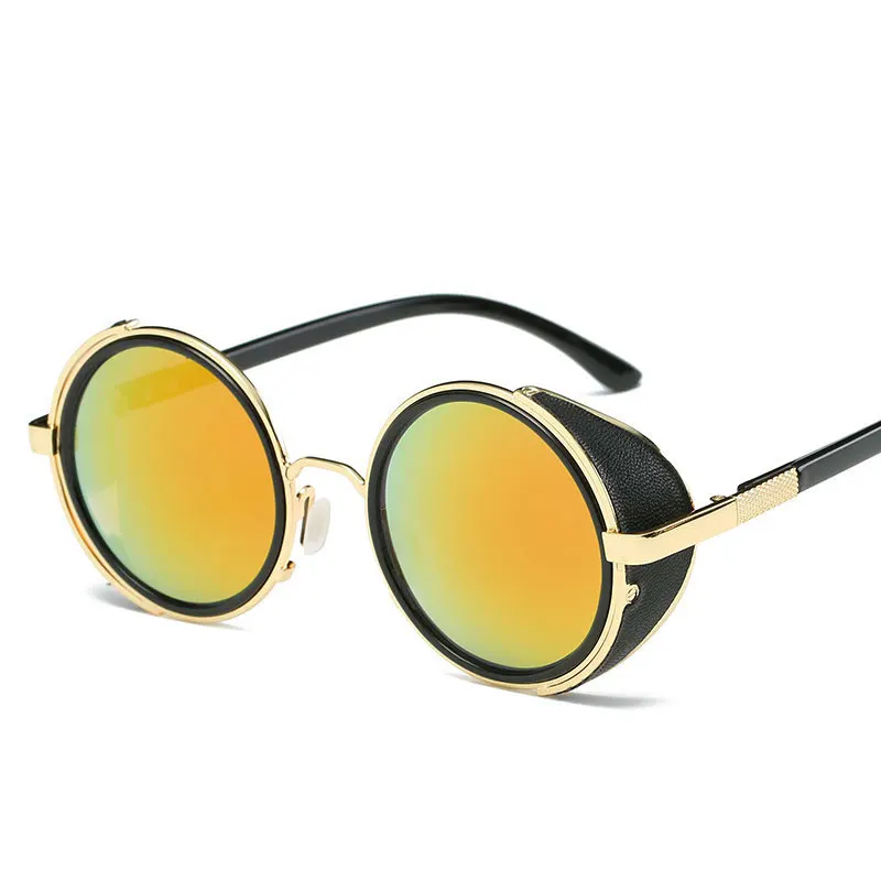 C06GoldRed Трендовые стимпанк Солнцезащитные очки Мужские Круглые Солнцезащитные очки Мужские боковые козырьки круглые линзы унисекс Ретро стиль очки панка PL1144 - Цвет линз: C06GoldRed