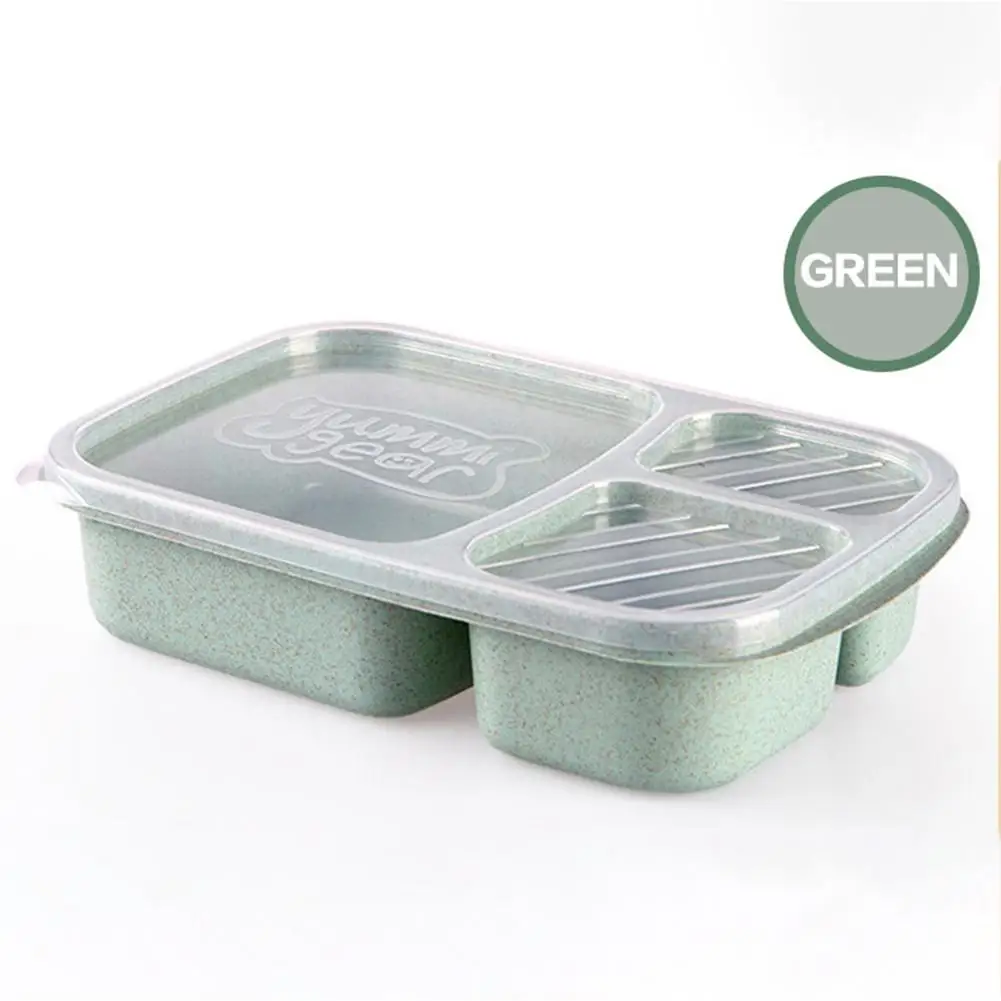 Green 3 решетки пшеничной соломы Ланч-бокс герметичный сохранение пищи микроволновая печь пищевой контейнер Bento box Ланчбокс посуда - Цвет: Green