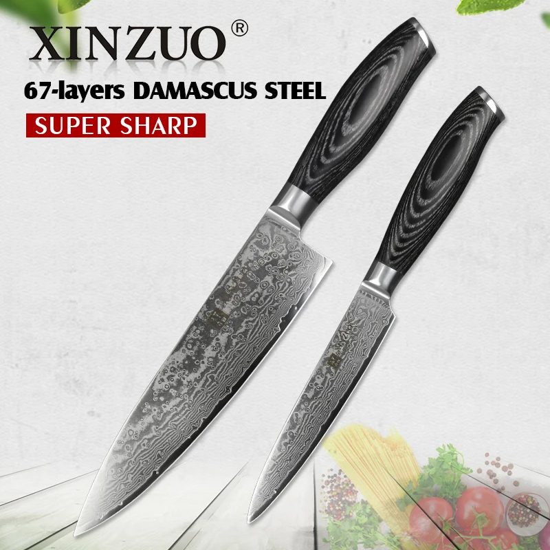 XINZUO 2 шт. набор кухонных ножей 67 слоев Дамасского высокоуглеродистого 8 ''шеф-повара и 5'' нож из нержавеющей стали с ручкой Pakkawood