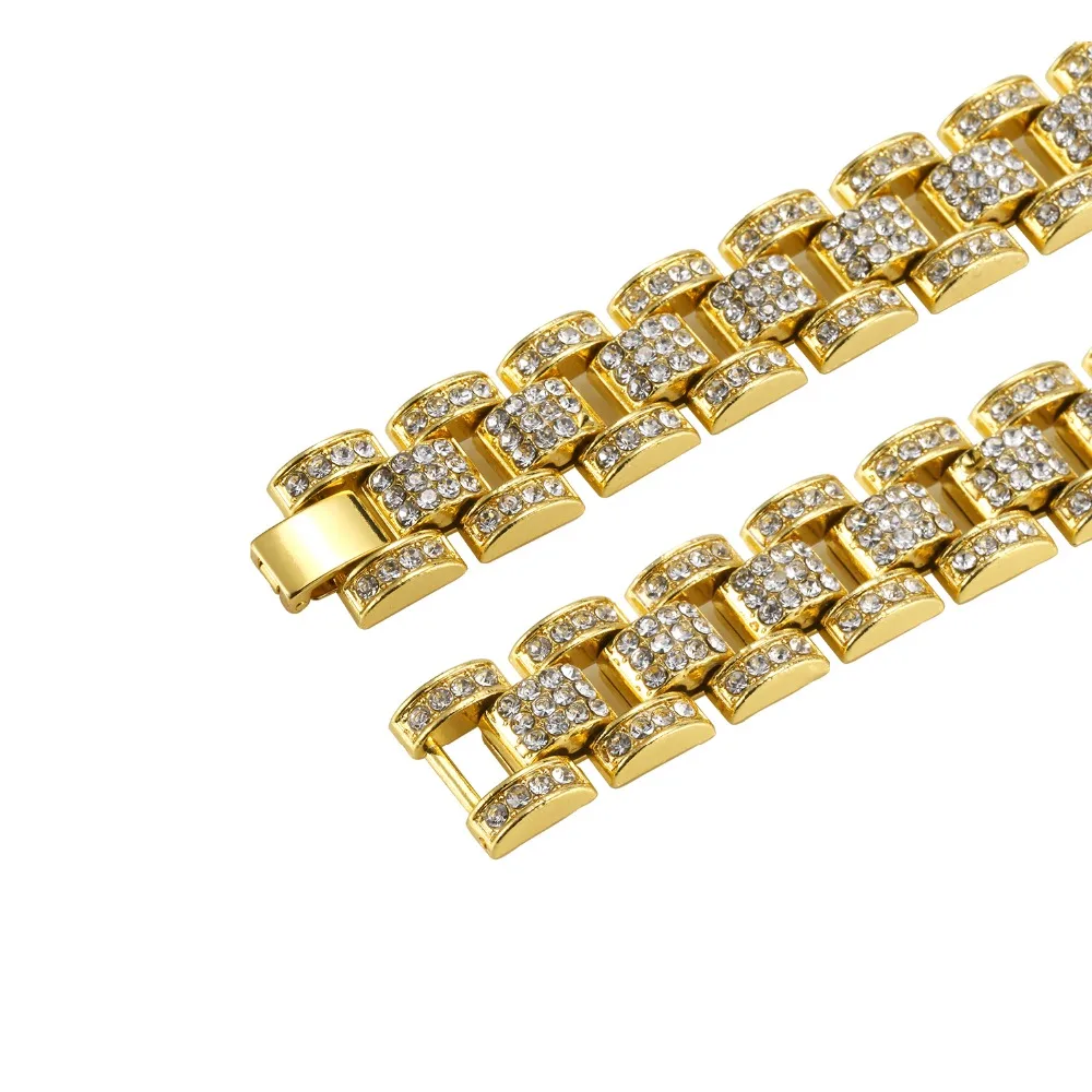 Hip Hop Men Bling Gold Silver Party Track Jewelry Hand Chains Bangles Rhinestones Simulated Stone Women Bracelets | Украшения и