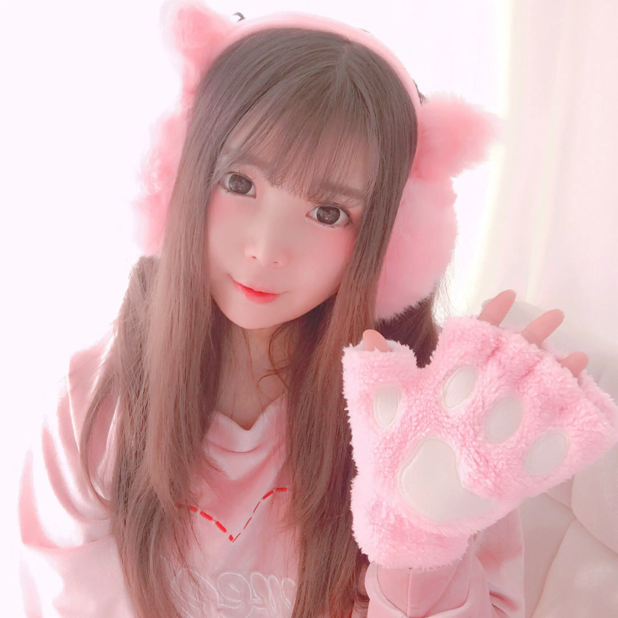 Розовый Зимние Kawai перчатки милый медведь из мультфильма кошка пушистая лапа теплые митенки без пальцев перчатки для косплея аксессуары - Цвет: Розовый