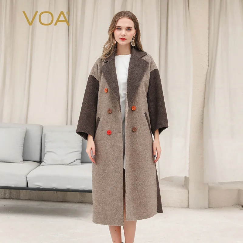 Женское двубортное пальто VOA серое шерстяное с воротником длинное для девушек