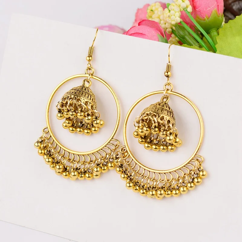 

Charm Gold Color Big Round Circle Dangle Earrings For Women Indian Gypsy Jewelry Bohemia Ethnic Small Bells Drop Tassel Earring