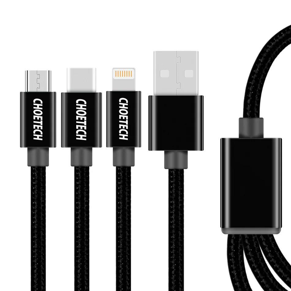 Черный CHOETECH 3 в 1 Usb кабель для зарядки Micro type C кабель 3 в 1 USB кабели для мобильных телефонов для iphone 8 plus samsung xiaomi - Цвет: Черный