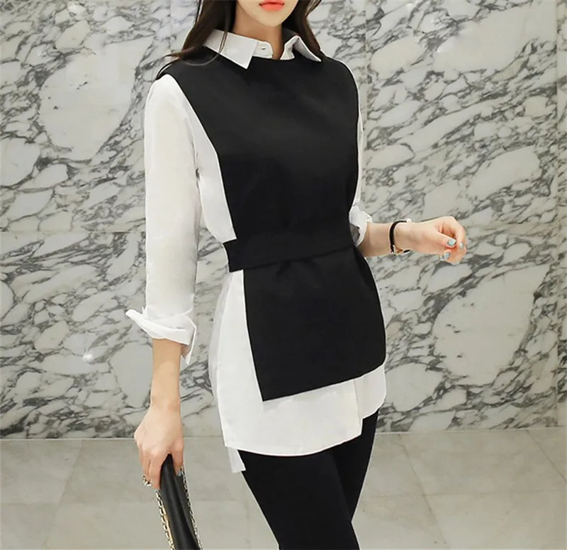 white two pieces Neploe, новинка, осенняя рубашка и жилет из двух частей, однотонный пояс, Офисная Женская тонкая блуза, Повседневная модная женская блузка, Топ 68822 - Цвет: white two pieces