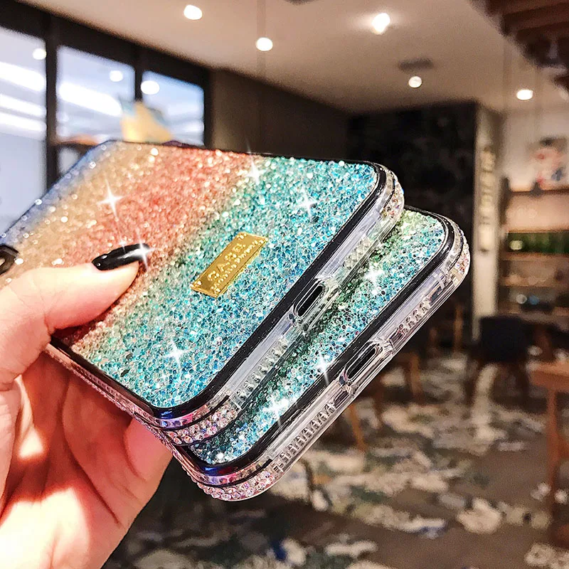 Glitter Crystal Phone Case For iPhone 13 12 mini XR 11 Pro XS MAX Back Cover for iPhone 7 8 Plus X Coque Bling Gradient Fundas
