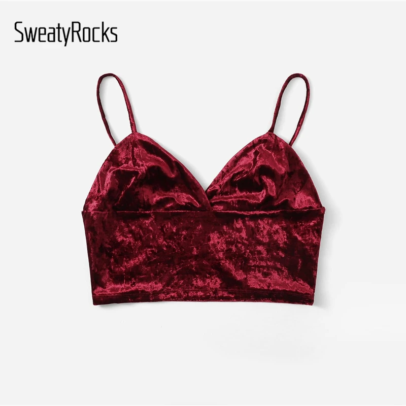 SweatyRocks бордовый однотонный бархатный бюстгальтер на бретельках Топ с v-образным вырезом сексуальный короткий летний топ на тонких бретельках облегающий женский топ на бретелях