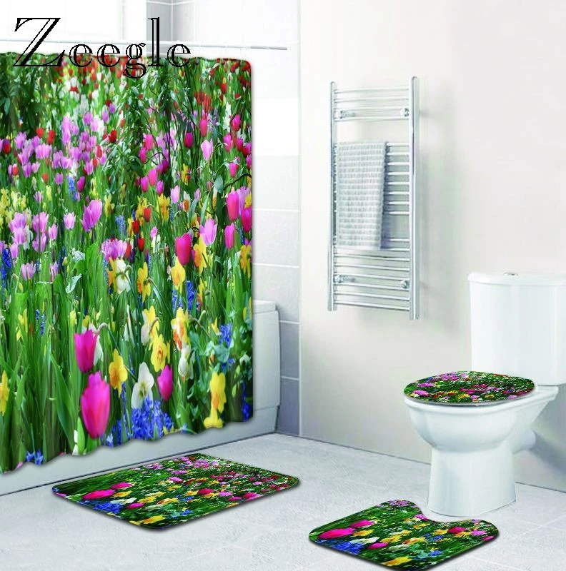 

Zeegle Beautiful Floral Pattern Shower Floor Mat Washing Machine Mat Microfibre Bath Mat Toilet Carpet Toilet Mat 4pcs Set