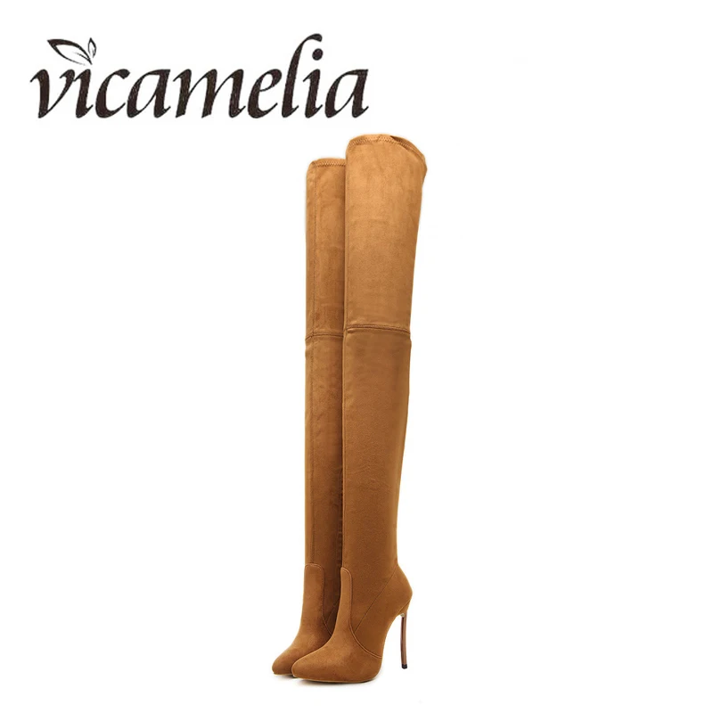 Vicamelia/женские замшевые сапоги на тонком высоком каблуке модные выше колена с